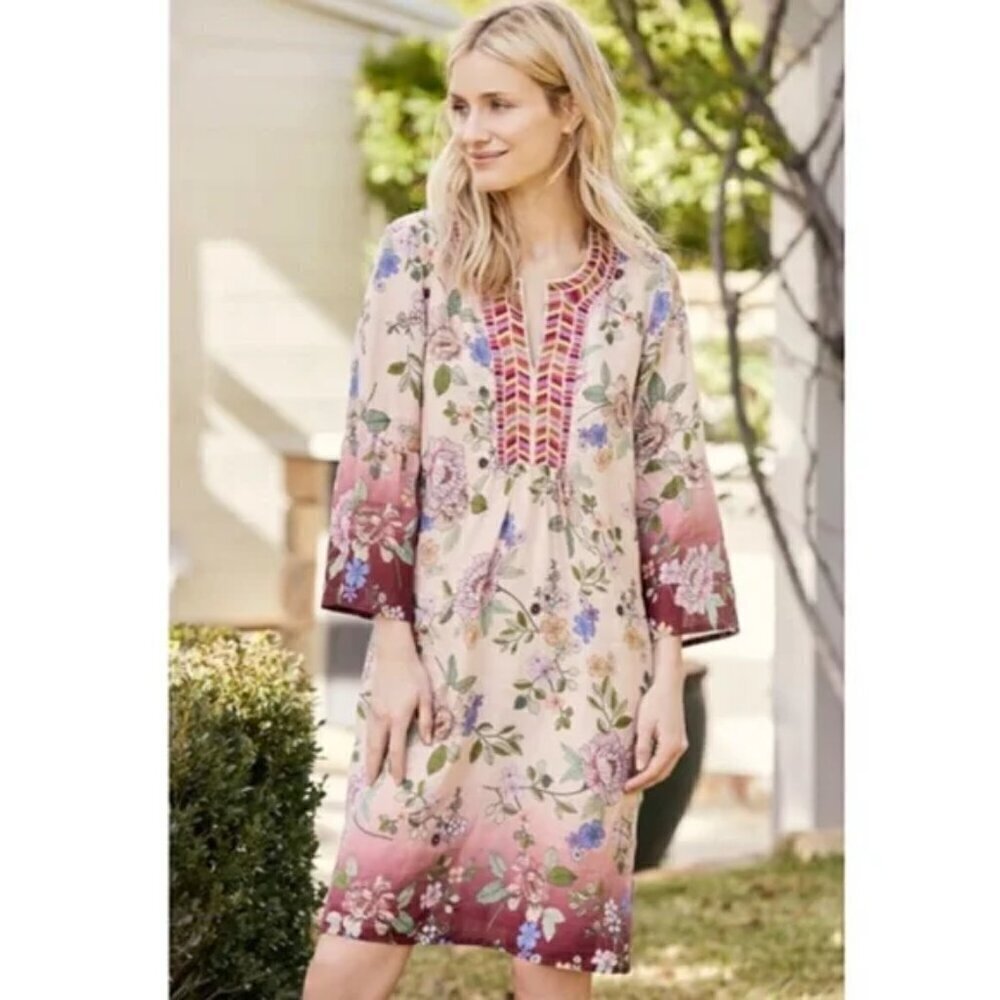 💕JOHNNY WAS💕 Flare Sleeve Tunic Dress ~ 100% Ramie Ombre Floral Print Medium